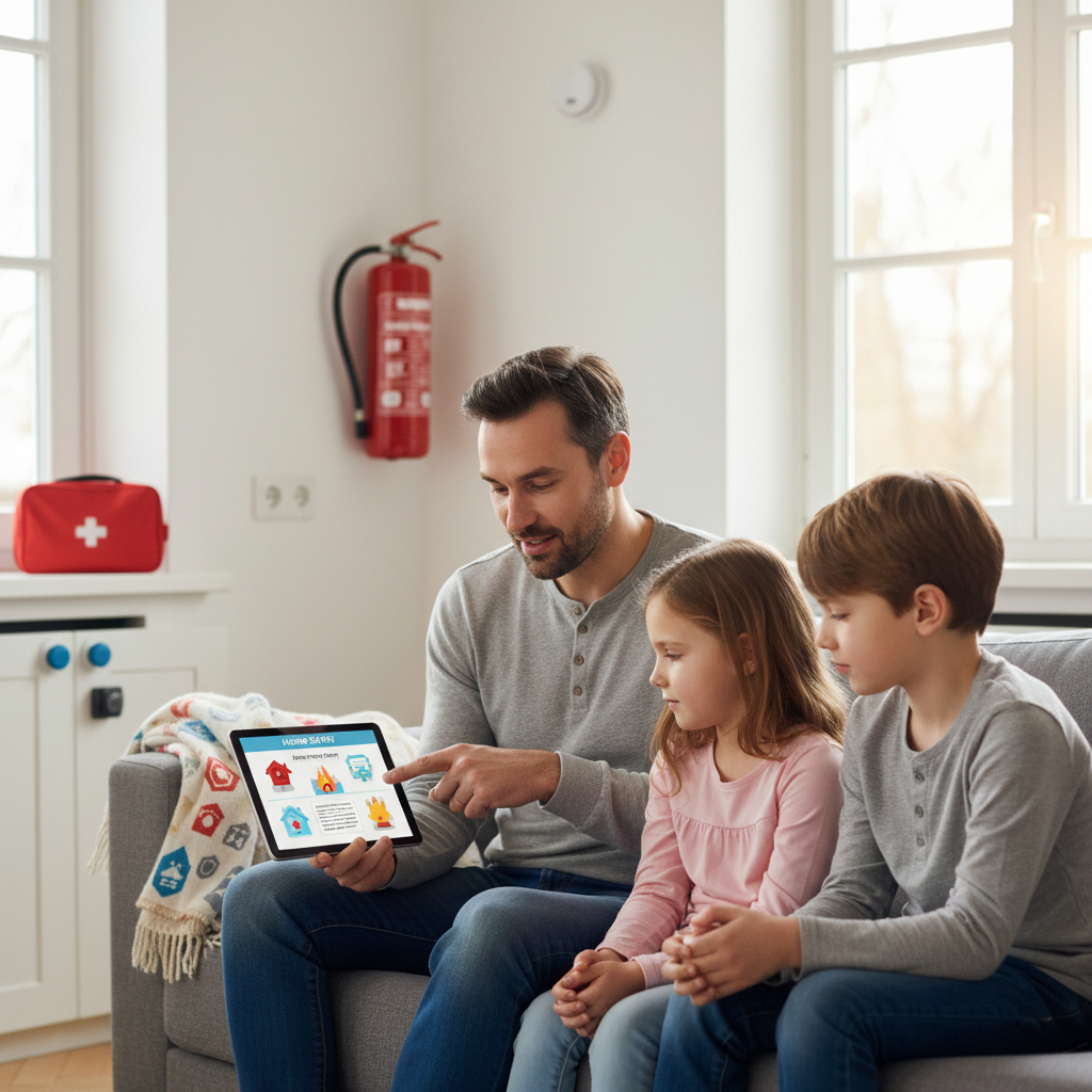 Padre enseñando a niños en una mesa