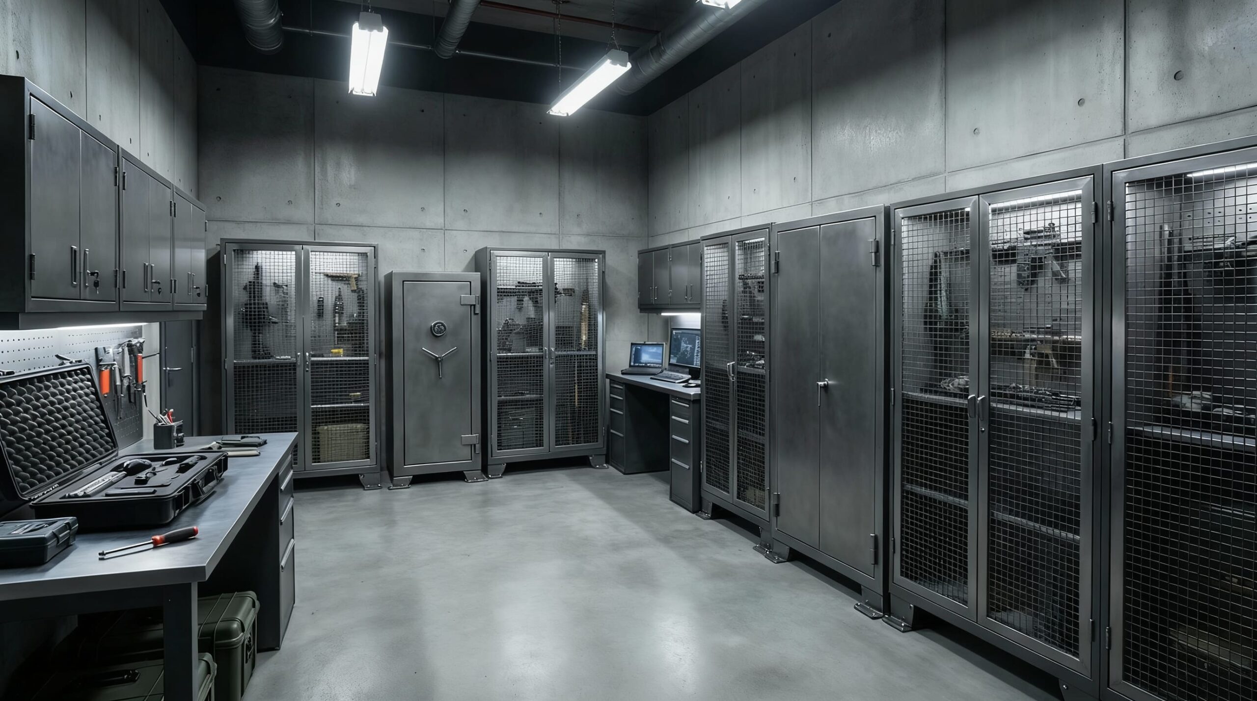 Sala de arsenal empresarial en Argentina con cajas fuertes y gabinetes reforzados anclados