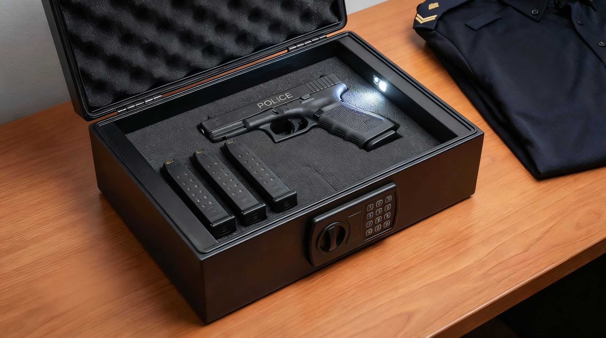 Caja fuerte compacta con arma policial y cargadores organizados en su interior