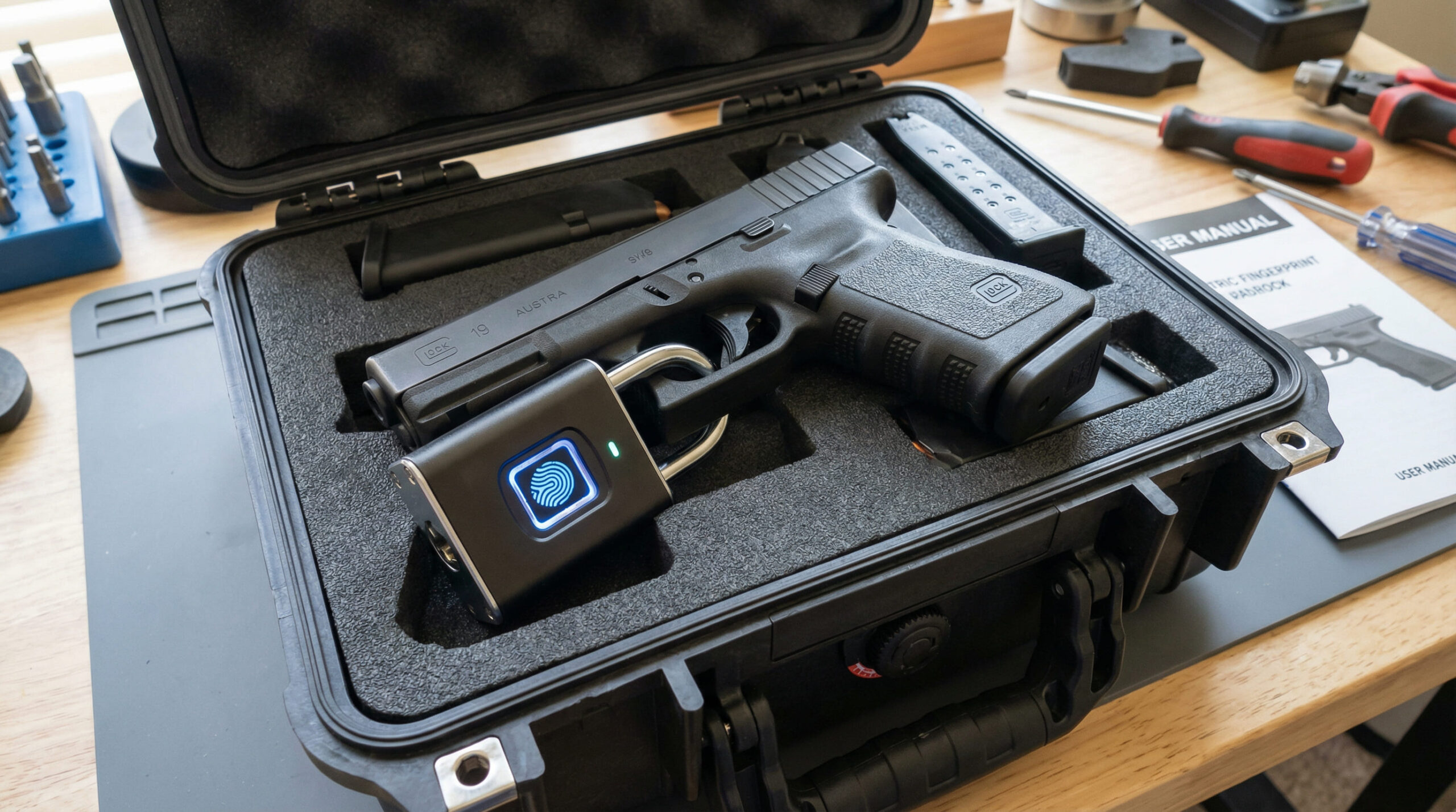 Candado biométrico instalado en un arma corta sobre un estuche de transporte